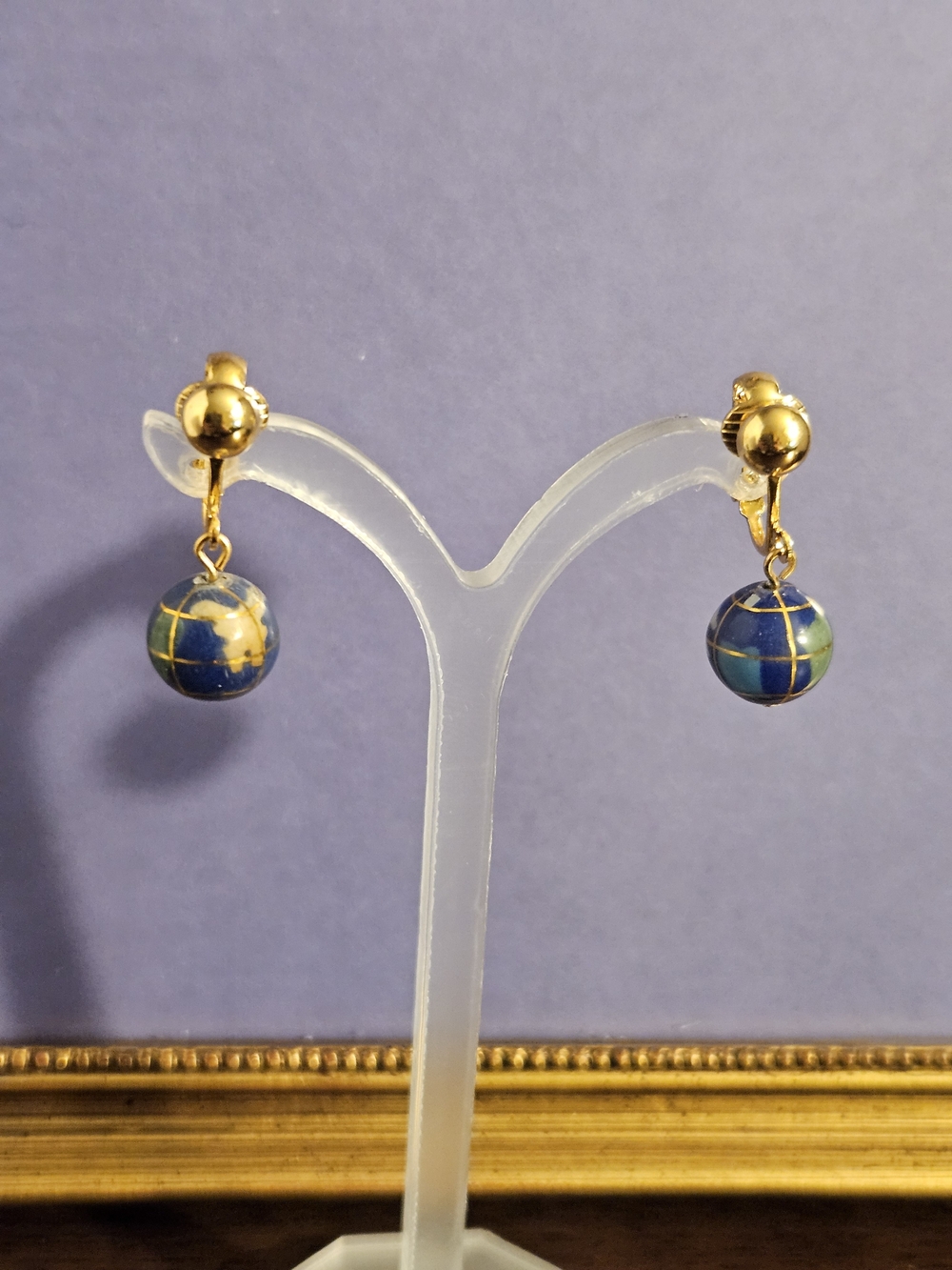 Vintage Gold And Stone Inlay Globe Earrings